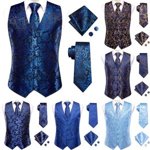 Men's Vests Sky Navy Royal Blue Silk Mens Waistcoat Tie Set Sleeveless Jacket Vest Necktie Hanky Cufflinks Wedding Business Oversized Gift