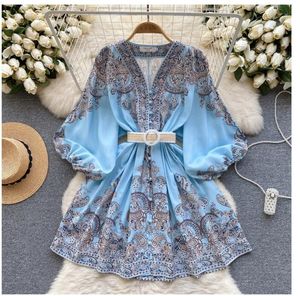 Designer Dress Party Dress Lantern Sleeve V-neck Waist Waist Women's Dress Blue Floral Summer Dress Women's dress Elegant undefined women's dress