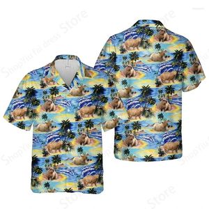 Camisas casuais masculinas Capybara Print Hawaii Shirt Men Mulheres Moda Botão Up lapela Vintage Beach Cuba Blouse Vocation