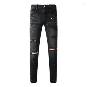Jeans masculinos High Street Men Hole Stretch Skinny Ripped Motorcycle Slim Fit Destroyed Homme