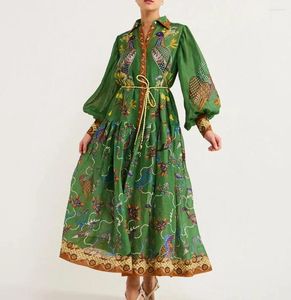 Sukienki swobodne Ramie Wysokiej jakości kwiatowe ptaki wydrukowane Odrzuć kołnierz świąteczne maxi kobiety Latarn Sanche Sukienka