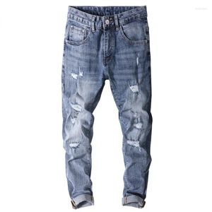 Jeans masculinos rasgados para homens magros fit azul claro estiramento 2024 Spring Streetwear