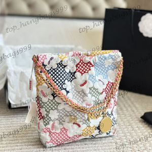 New Colorful Flower Embroidery 22 Mini Shopping Cross Body Bags With Gold Coin Chains Strap Crossbody Drawstring Handbags Large Capacity Bucket Pocket 20x20cm