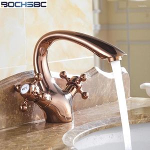 Bathroom Sink Faucets BOCHSBC Rose Gold Finish Brass Mixer Tap Basin Faucet Dual Handle Single Hole And Cold