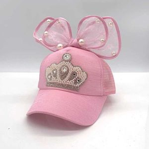 Caps Hats Cute Girl Net Hat Spring Summer Childrens Baseball Baby Princess Button Hip Hop Rabbit Ears Pearl Big Bow Sun Ha d240521