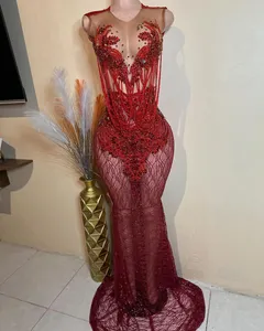 Kvinnor Fantastisk röd balklänning med paljett 2024 Sparkly Rhinestone Mermaid Party Gowns Tassel Vestidos de Gala