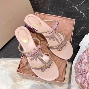 Shiny Rhinestone Sandals Women Chunky Heel Slipper Female Summer Flip Flops Women Pink Silver Bow Luxury Designer Sandals Women