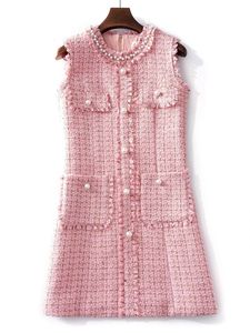 Autumn Winter Luxury Runway Plaid Tweed Dress Womens Sleeveless Vest Beading Pearls Button Pockets Tassels Short Vestidos 240515