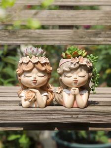 Cute Girl Planter for Succulents Plants Resin Flower Pot Fairy Garden Ornament Decorative Figurines Home Tabletop Decor 240521