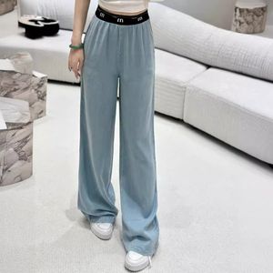 Designer woman clothe mimiu pants new contrast color elastic waist tencel jeans fashion versatile contrast color wide ribbon logo