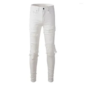 Herr jeans mode streetwear män vit elastisk smal fit rippade hålbyxor lappade designer märke hip hop byxor hombre