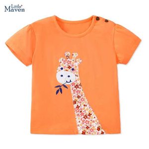 T-shirts Little maven 2024 Baby Girls Tops Tees Appliques Childrens Clothing T-shirts Summer Cartoon Giraffe Kids Clothes Y240521