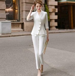 High Quality Casual Women039s Suit Pants Two Piece Set summer elegant ladies white blazer jacket business attire 2111183657580