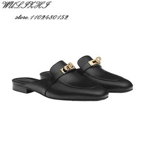 Slippers Metal Flash SprCasual Leather Mule Slide Womens Round Brown Black Sling Heel Flat Shoes Silver Gold Lock Strap Packaging J240520