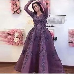 Saudi Arabic Purple 3D Flower Evening Dresses With Full Sleeves Lace Floral Prom Gowns Ankle Length Party Dress Vestido 0521