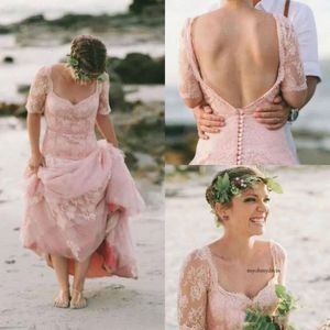 Latest Blush Pink Beach Dresses Lace Garden Bridal Gowns With Sleeve Full Length Backless Boho Vintage Country Wedding Dress 0521
