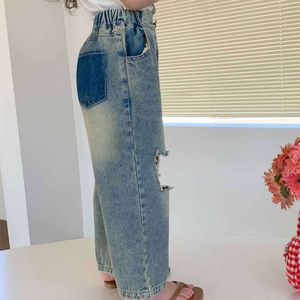 Jesienne dziewczęta Broken Hole Dżinsy Letnie nowe moda kontrastowe kolorowe kolory spersonalizowane retro szerokie nogi spodnie