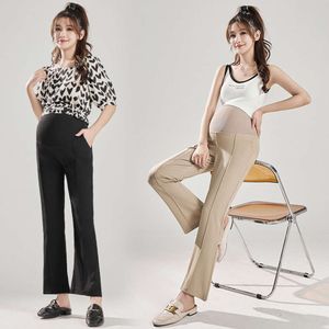 Summer Pregnant Woman Casual Pants Middle Striped Adjustable High Waist Maternity Bellly Trousers Long Loose Pregnancy Boot Cut L2405