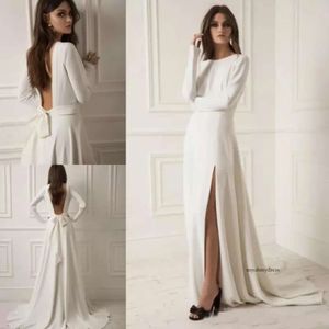 Lihi Hod Split Dresses Long Sleeves Satin Bridal Gowns Backless Robe De Mariee Plus Size Boho Wedding Dress 0521