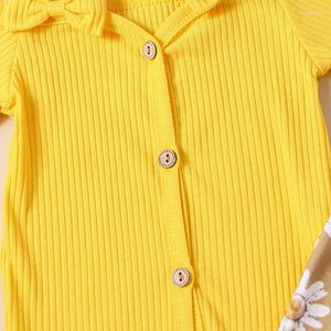 衣類セット女の女の子の夏の衣装ソリッドカラーリブ付きニットショルダーロンパースフラワープリントフレアパンツヘッドバンド3PCS衣服セット