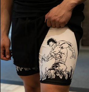 Męskie anime Hanma Baki Fitness Szorty wydrukowane czarna podwójna warstwa 2 w 1 szybkie suszące szorty fitness Sports Summer 240521