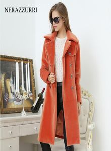 Nerazzurri Long Trench Coat for Women Fashion Autumn Double Breasted Casual Slim British Style Orange Faux Fur Overcoat 2012127777845