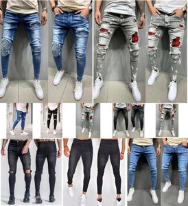 2021 Four Seasons Slim Men039s Ripped Printed Jeans Patches Elastic Wear Youth Pants SIZE S3XL6524655