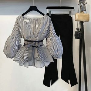 summer elegant 2 piece women outfits korean matching two pant set clothing fashion crop tops suits stripe v neck 240516