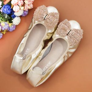 Hotsales Ballet Flats Women Slip On Round Head Boat Shoes Woman Soft Bottom Ballerina Flats Beaded Bow Genuine Leather Loafers