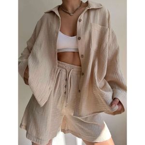 Long Sleeved Shirt Women S Wrinkled Collar High Waisted Drawstring Shorts Set Fashionable And Casual Two Piece