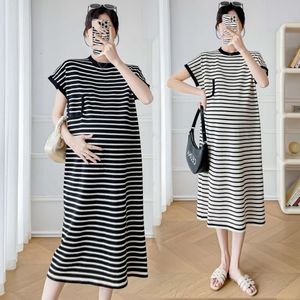 Classic Striped Knitted Dress Maternity Summer Short Sleeve Loose Straight Clothes for Pregnant Women Casual Daily Pregnancy L2405