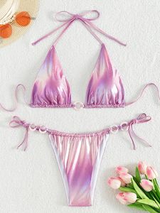 Gradiente de moda de banho feminina Bikini PU Shiny 2024 Bikinis Alto Corte Mulheres Mulheres de Tunha de Tuons Desenvolvidos Defusos de Banho de Banho