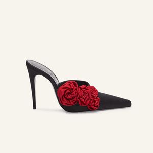 2024 Ladies satynowe skórzane sandały sztylet na wysokim obcasie Pillage plecak śliski elegancki letni buty impreza jedna linia weselny amerykański europa 3d róża kwiat duży rozmiar 34-45
