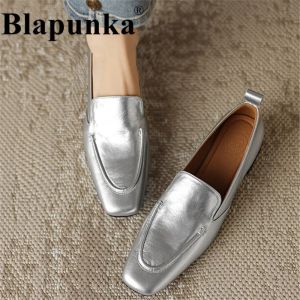 Blapunka Women Sheep Leather Slip-ons Loafers Gold Silver Square Toe Low Heels Casual Shoes Ladies Spring Autumn Block Heel Pump