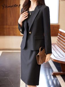 Sukienki robocze sukienki Jitimuceng 2 -częściowe zestawy biuro noszenie kobiet 2024 moda odrzuć kołnierz szczupłe blezery eleganckie czarne mini garnitury