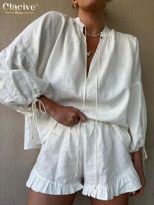 Clacive casual sciolte di cotone bianco a 2 pezzi set da donna outfit elegante camicia a manica a soffio con pantaloncini con increspatura a vita alta 240517