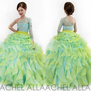 Rachel Allan 2017 Glitz Little Girls Pageant Dresses Ball klänning en axelkristallpärlor Två färg Organza Kids Flower Girls Dress 2994