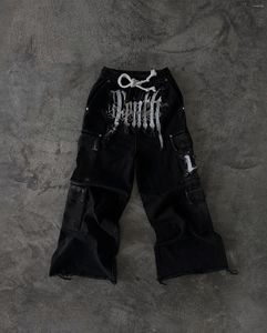 Мужские брюки уличная одежда джинсы Y2K Hip Hop Письмо ретро черные много карманные грузовые мешкова