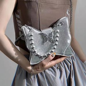 Fashion Womens Butterfly Handbag Womens Punk Street Clothing Metal Buckle Pearl Handbag 240510