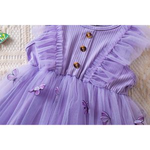 2024 New Butterfly Mesh Flying Sleeve Dress Fashion Dresses Cute Little Girls Summer Casual Wear Children's Clothes 1-5Yrs