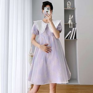 Mulheres grávidas de verão grande Peter Pan Collar Maternity vestido de baile organza doce plus size gravidez mini vestido fofo l2405