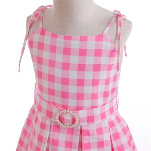 2024 Ny film Barbi-kostymer för flickor cosplay rosa rutiga barn sommar ärmlös klänning barn fest bär 3-10 år