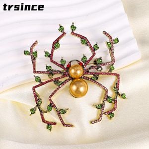 Broşes Vintage Collection Pearl Openwork Örümcek Broş Lüks Rhinestone Yaprak Böcek Abartılı Büyük Boy Pin Korsaj