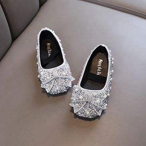 Avodova-Bowknot Prinzessin Schuhe PU Leder Bowknot Glitter Perle Nicht-Schlupf-Flachschuhe Geburtstag Hochzeitsfeier Kinder Schuhe 240521