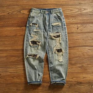 Heavy vintage jeans for men loose straight cone high street trend made old ripped pants for men 240520