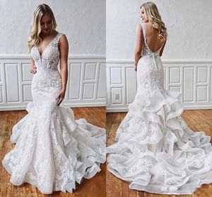 Robe de mariee romantik fırfırlı tren dantel denizkızı gelinlik seksi sırtsız gelinlik derin v boyun gelinlik