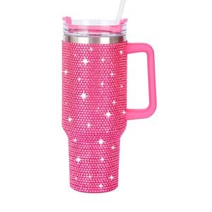 40oz Stainless Steel Rhinestone Tumblers Bling Big Mugs With Strong Handle Straw Thermos Bottle Gift Wholesale Dropshipping