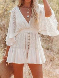 Women's Jumpsuits Rompers Lace Splicing V Neck Dress Vacation Flare Sleeve Button Decor Dress For Spring Summer Womens Clothing Y240521