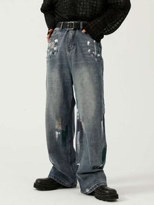 HOUZHOU Oversize Graphic Y2k Men Ripped Jeans Pants With Print Blue Denim Trousers Male Punk Japanese Streetwear Hip Hop M521 36