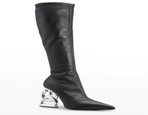 العلامات التجارية الشتوية Keira Heels Pop Leather Boots Baraque High High Cheels Silvertone Lettering Long Knee Boot Black Stretch Pointed Toe9826473